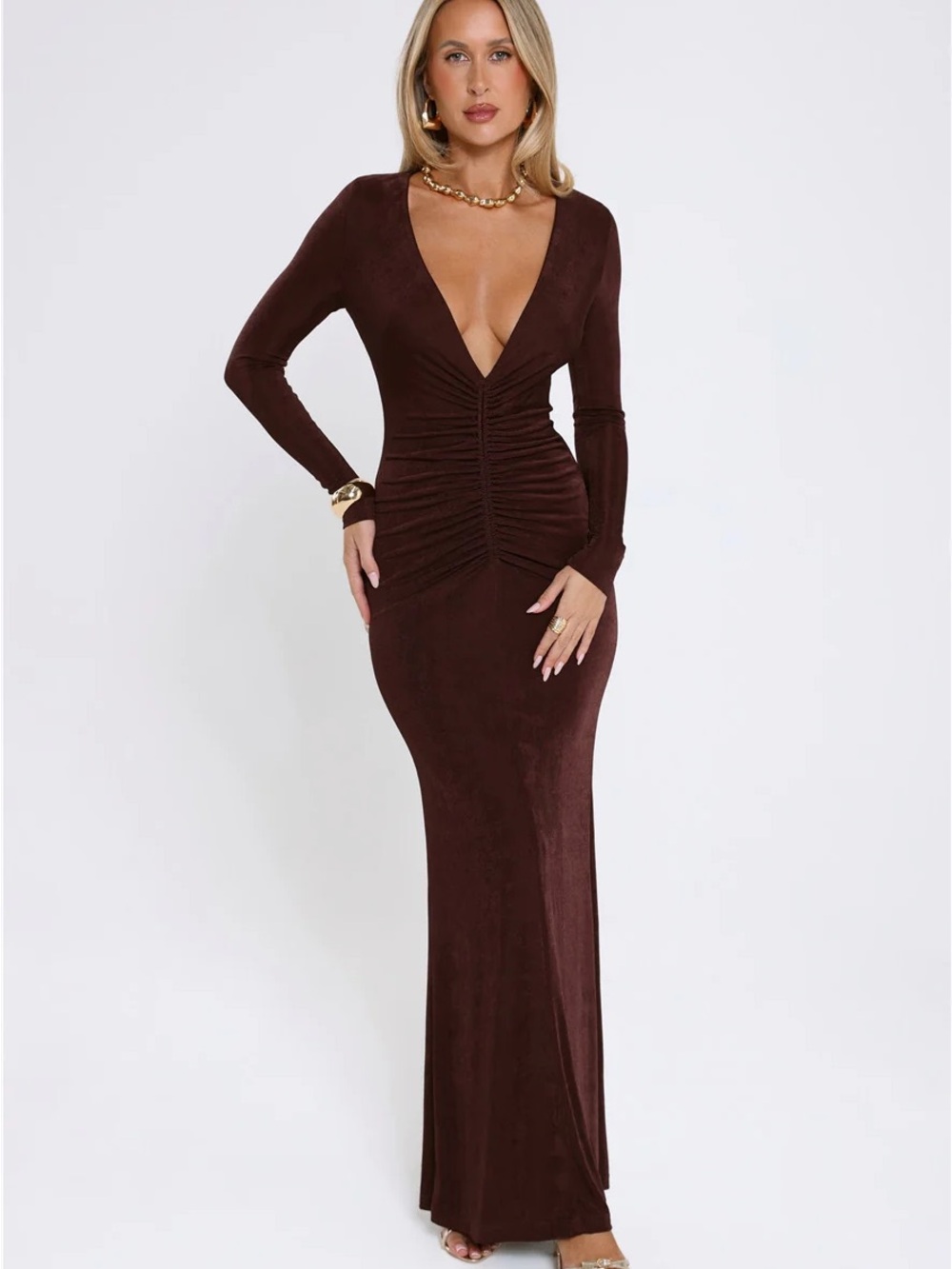 Hello Molly Chocolate Brown Deep V Ruched Maxi Dress